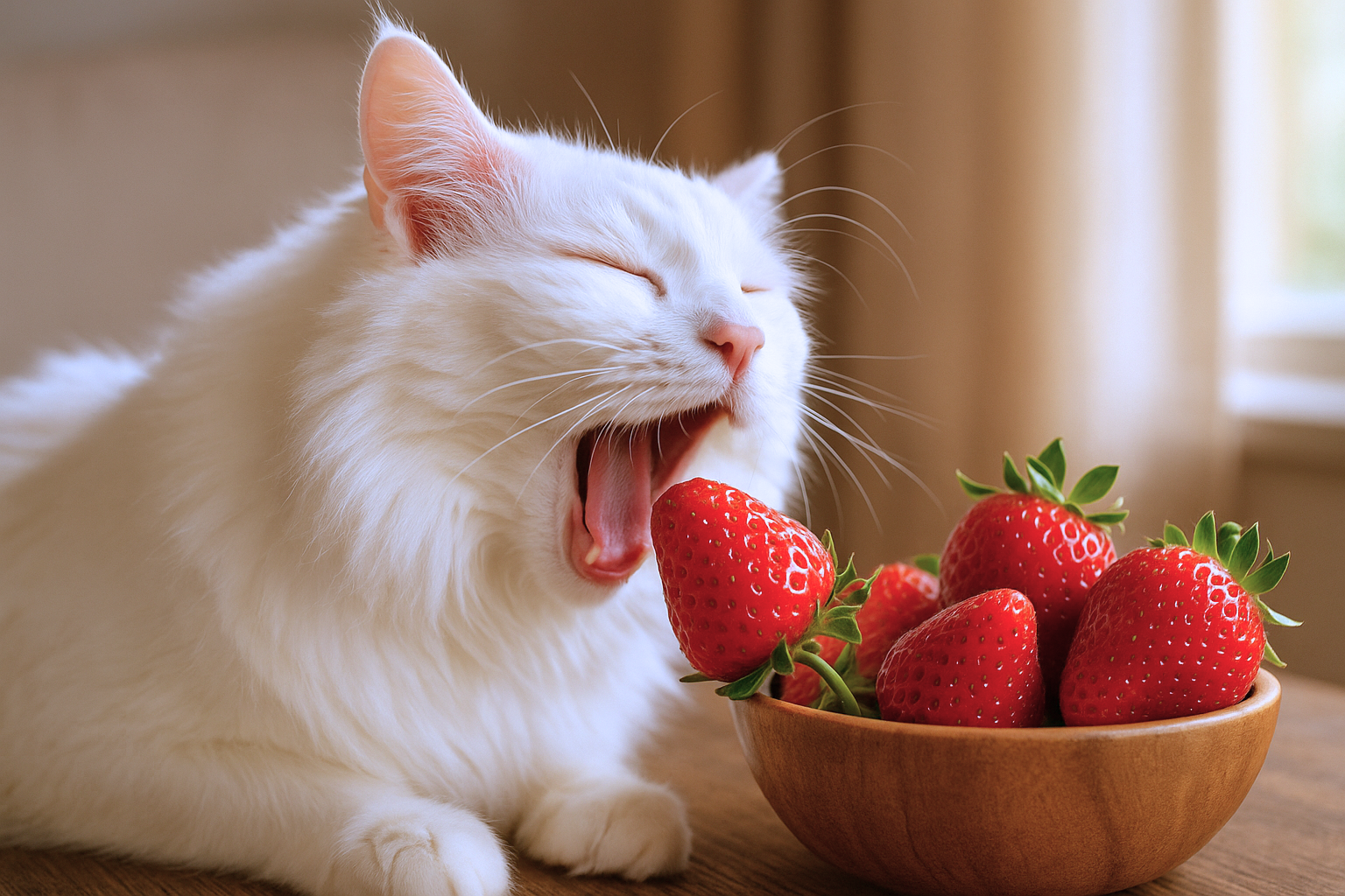Fluffy white cat yawning while leaning toward a bowl of fresh strawberries on a wooden table in warm daylight.