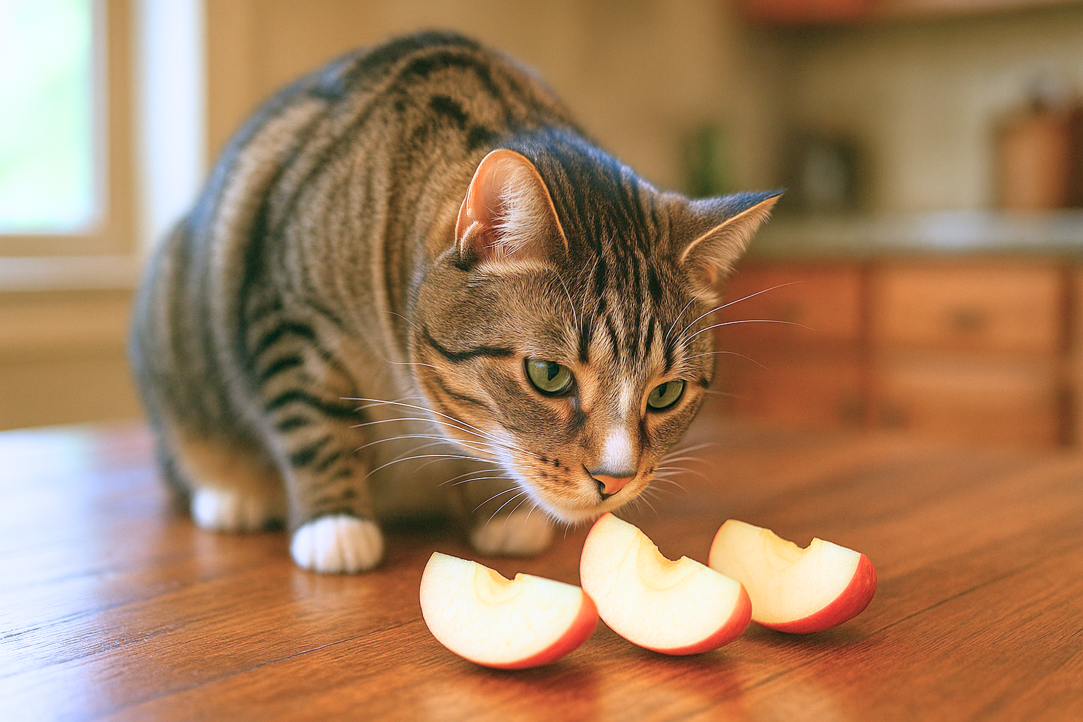 Tabby cat sniffing slices of apple on a wooden kitchen table in soft daylight.