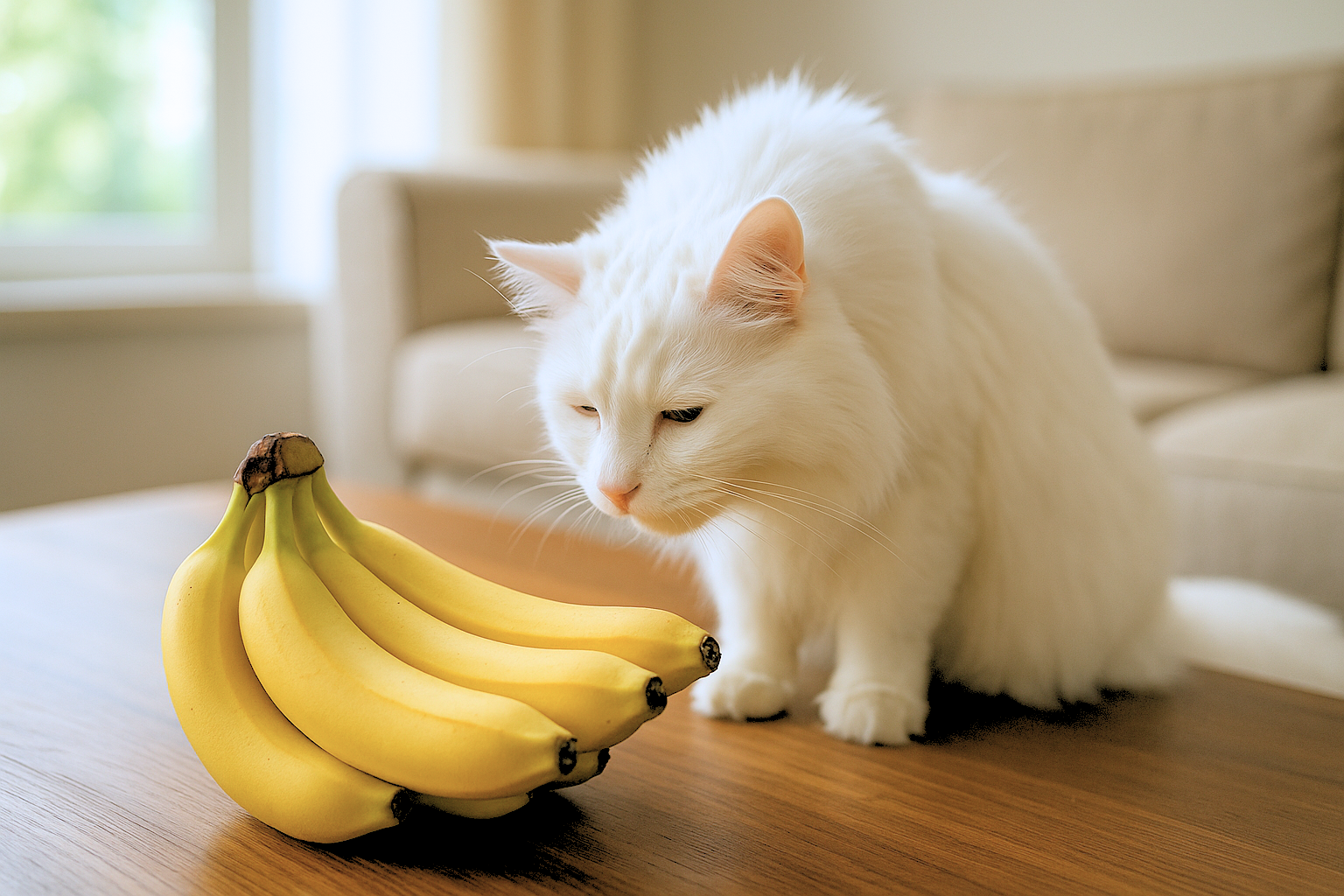 Fluffy white cat sniffing a bunch of bananas on a wooden coffee table in a sunlit living room.