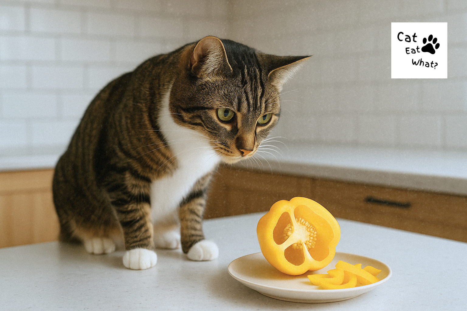 Can Cats Eat Bell Pepers? Tabby cat Osmo sniffing sliced yellow bell pepper on kitchen counter in natural light, landscape format.