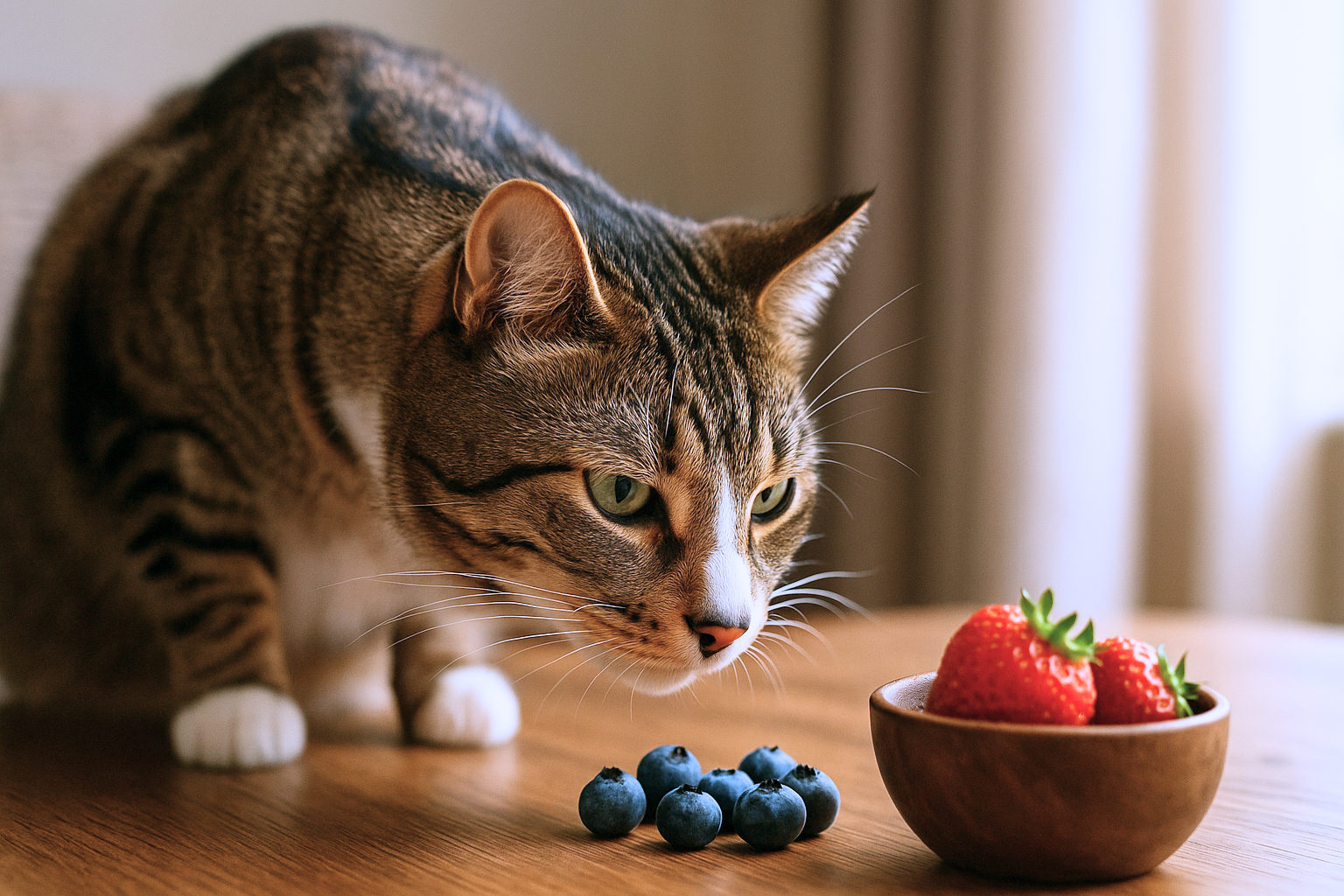 Tabby cat sniffing blueberries on a wooden table with soft natural light and a home setting in the background.