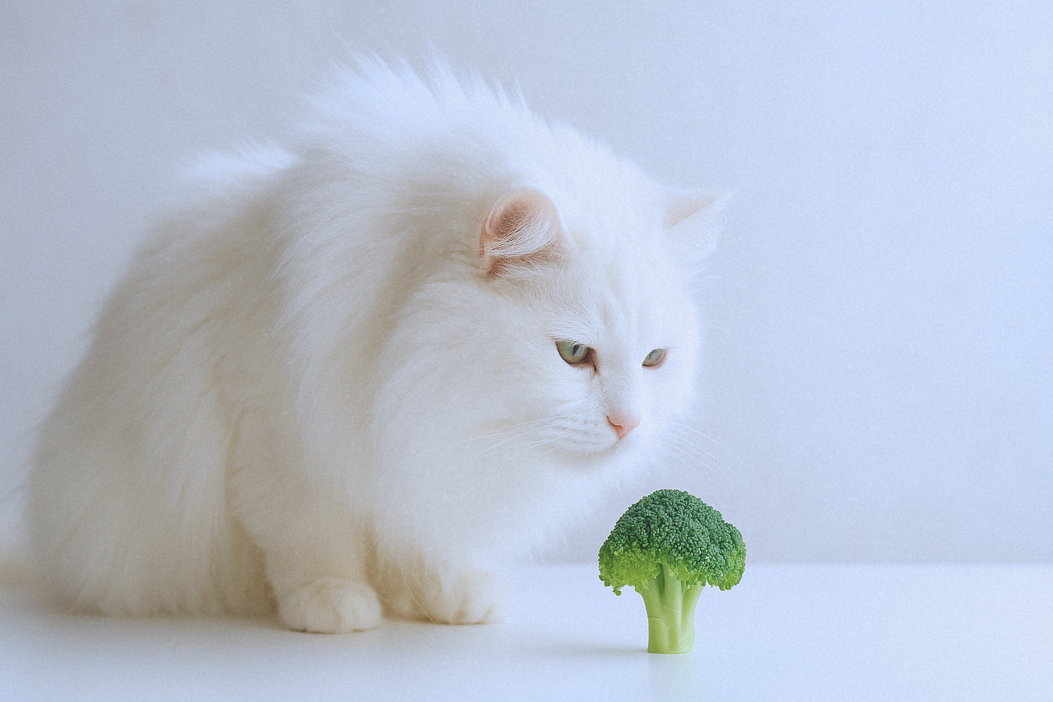 A fluffy white cat with long hair gently sniffs a small floret of broccoli on a white surface, under soft natural lighting.