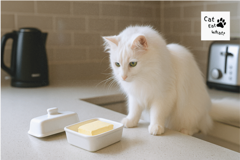 Can Cats Eat Butter? White cat Safka observing an open butter dish on a modern kitchen countertop.