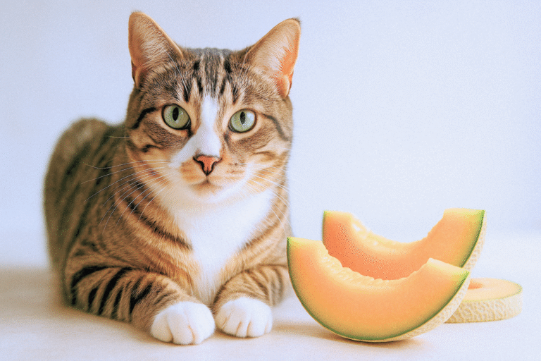 Close-up of Osmo, a tabby cat with green eyes, sitting beside cantaloupe slices against a light background.