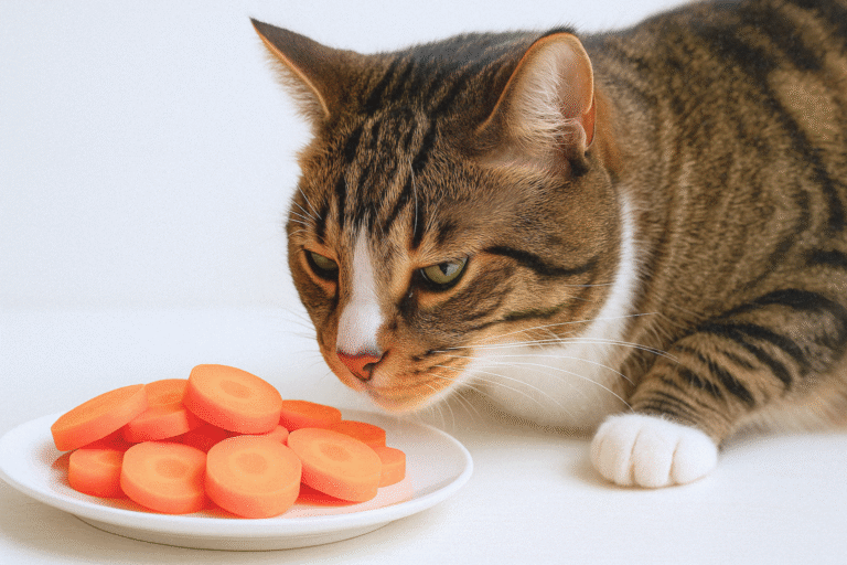 Osmo, a tabby cat with bold facial markings and white paws, closely sniffing a plate of carrot slices on a white surface in a soft studio setting.