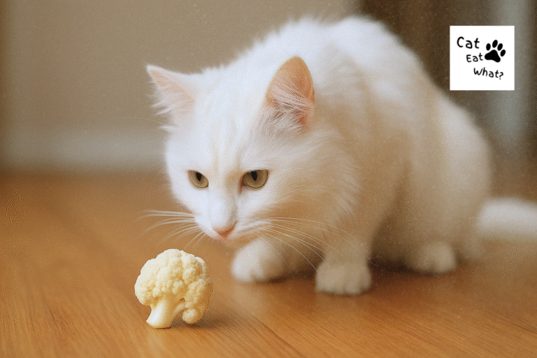 Can Cats Eat Cauliflower? Safka the white cat sniffing a floret of cauliflower on a wooden floor in natural light.