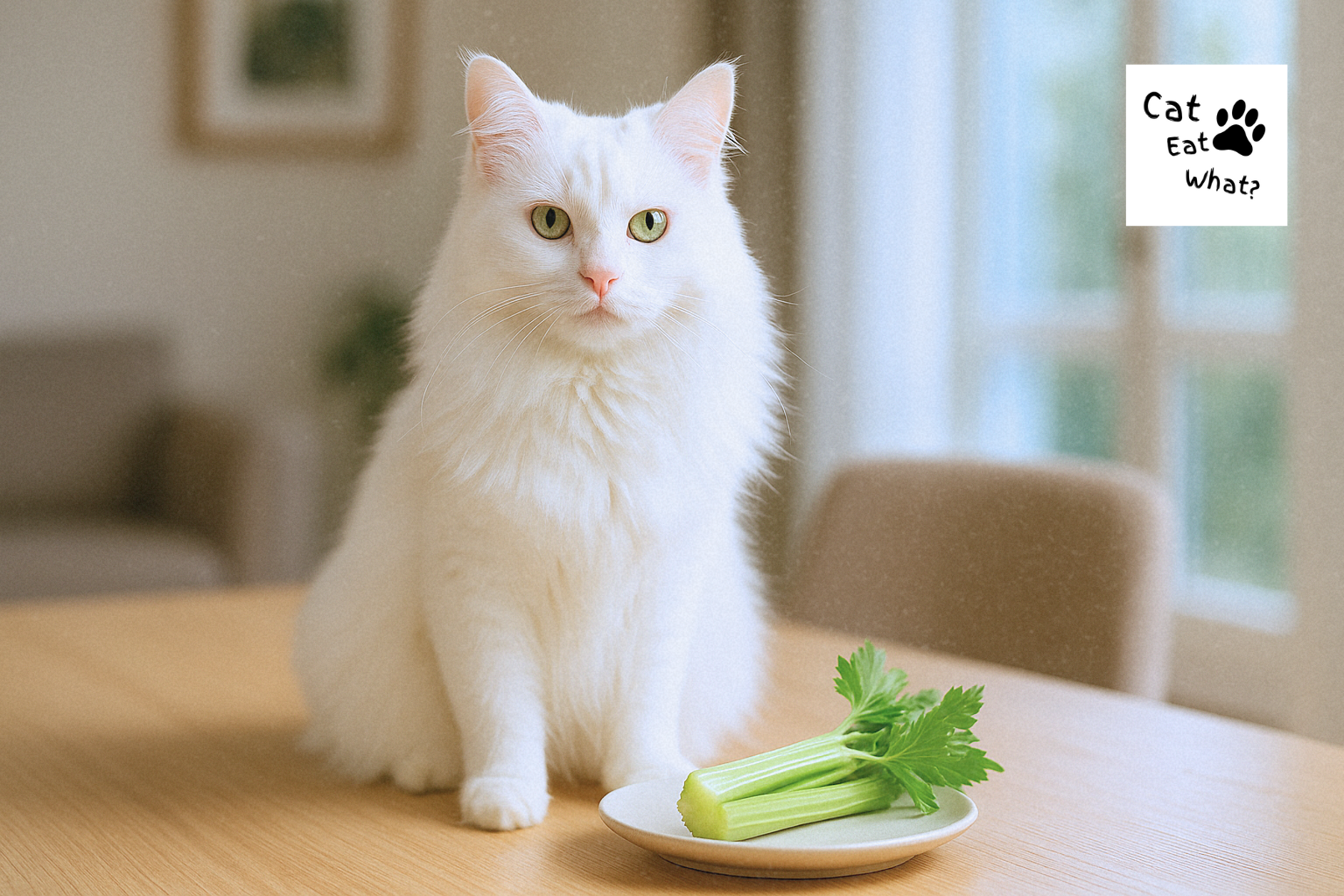 Can Cats Eat Celery? Safka, a white long-haired cat, sits beside a plate of celery on a dining table in natural indoor light.