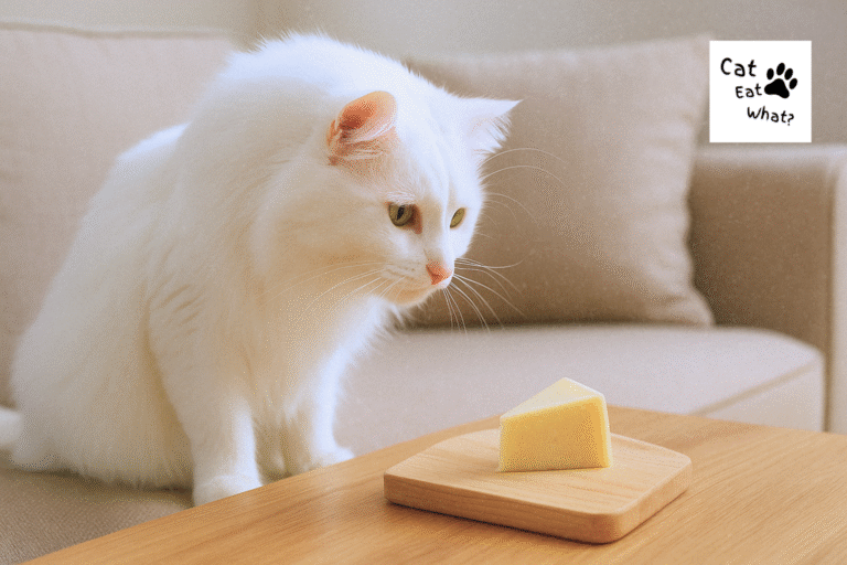 Can Cats Eat Cheese? Long-haired white cat Safka on a couch looking at a wedge of cheese on a wooden board.