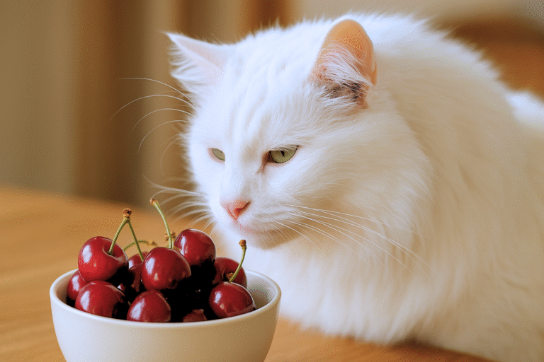 Fluffy white cat sniffing a bowl of cherries on a wooden table in soft daylight.