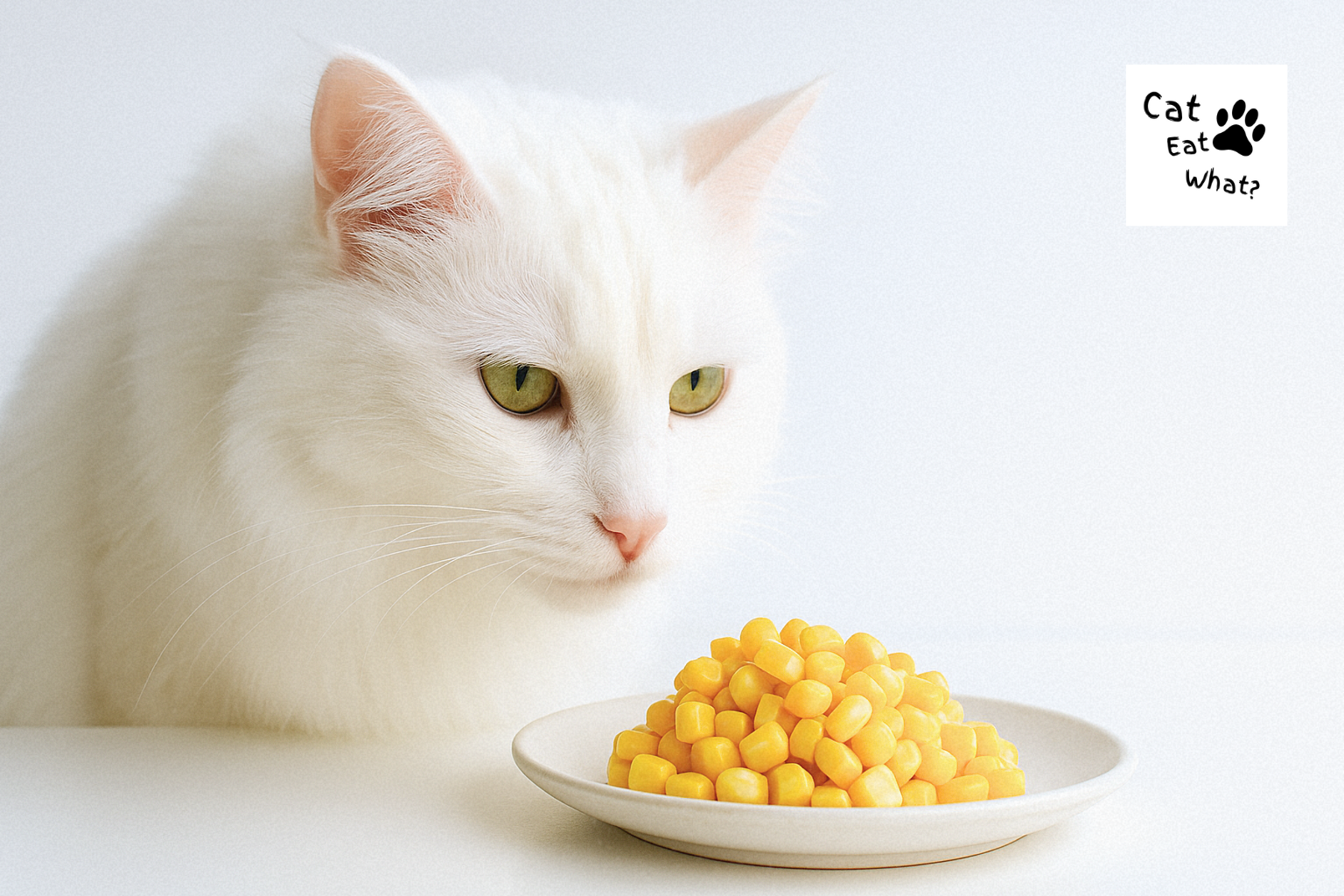 Can Cats Eat Corn? Safka the white cat sniffing a plate of corn kernels on a white studio background.