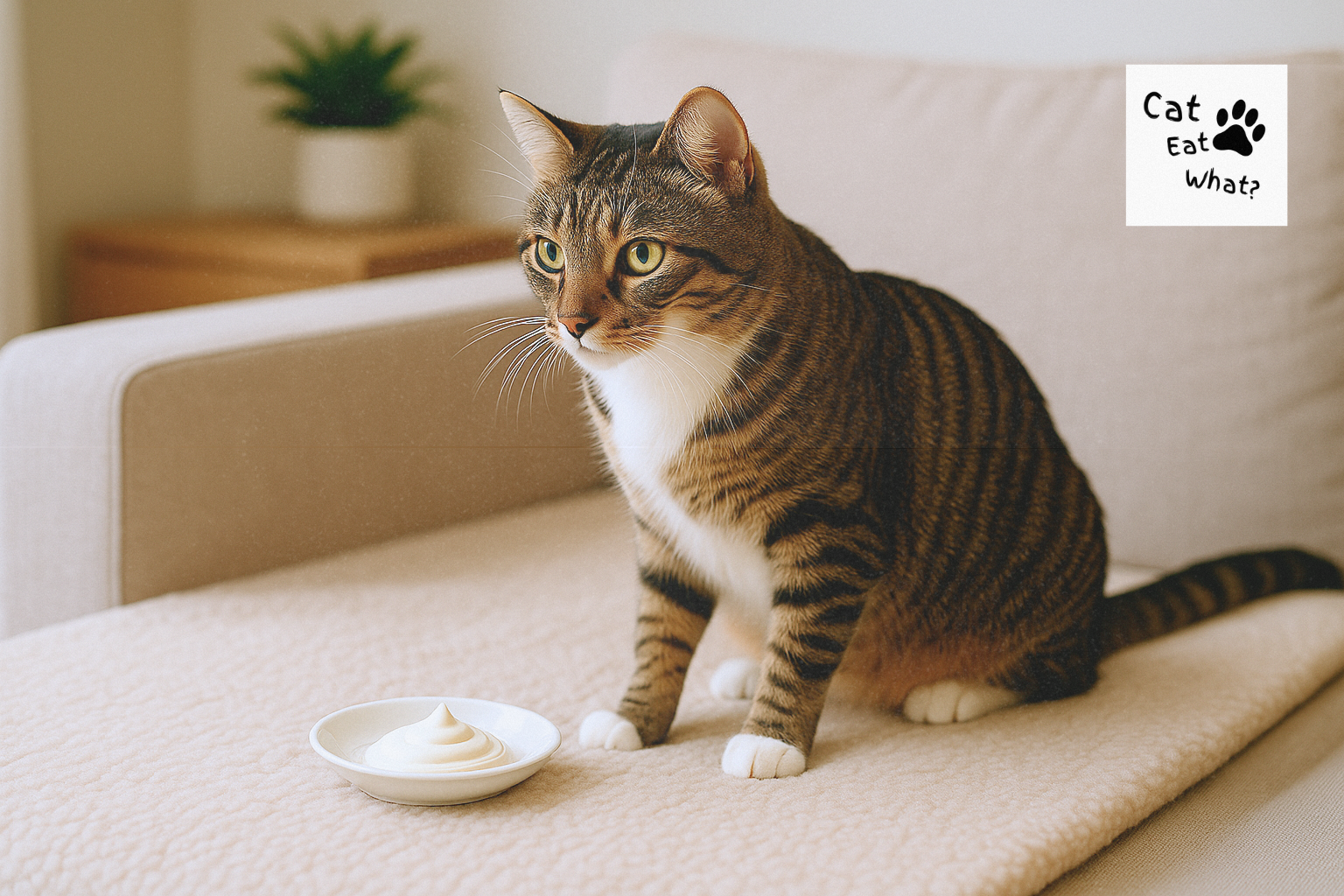 Can Cats Eat Cream? Tabby cat Osmo lounging on a couch with a saucer of cream nearby