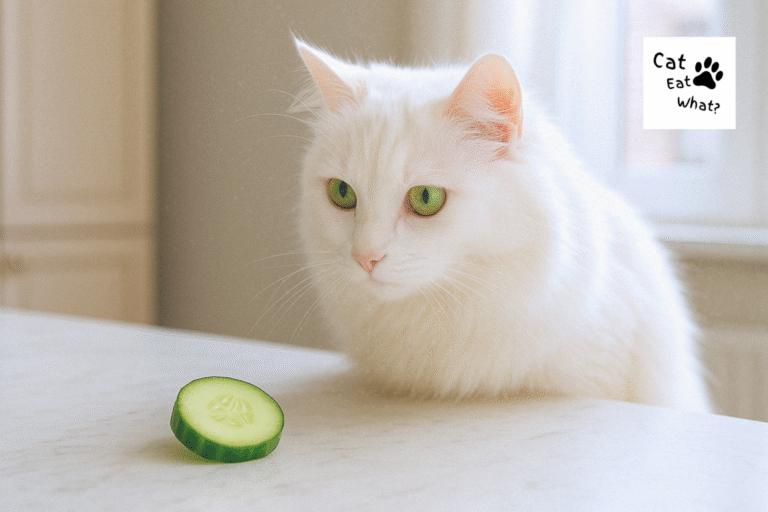 Can CAtes Eat Cucumber? Safka the white cat inspecting a cucumber slice on a marble countertop in natural light.