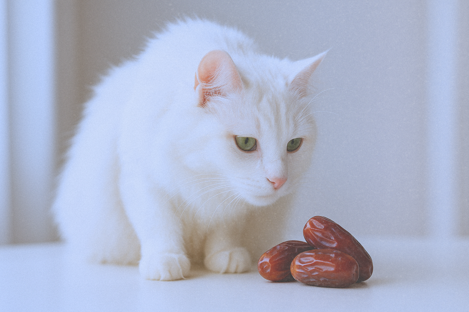 A long-haired white cat with greenish-yellow eyes sniffing three glossy dates on a light-colored surface, with a softly lit studio background in 16:9 landscape format.