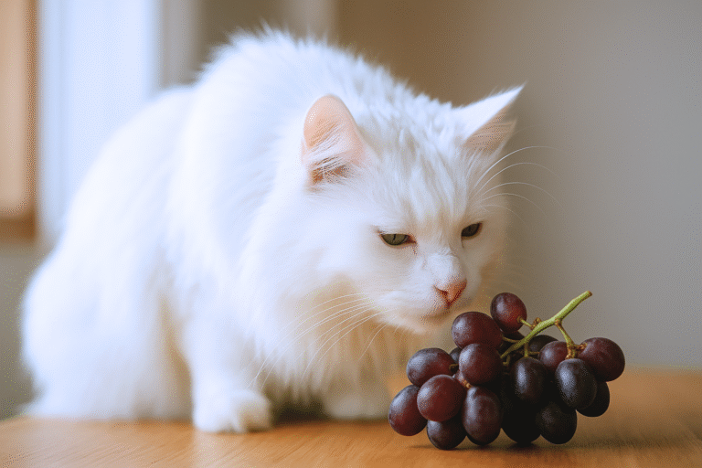 White long-haired cat sniffing a bunch of dark grapes on a wooden table in soft natural light.