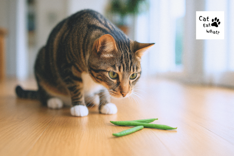 Can Cats Eat Green Beans? Tabby cat sniffing green beans on a light wood floor in natural daylight.
