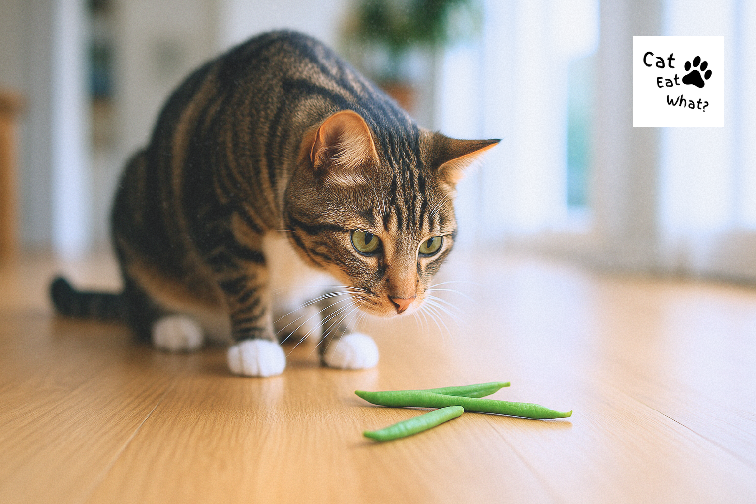 Can Cats Eat Green Beans? Tabby cat sniffing green beans on a light wood floor in natural daylight.