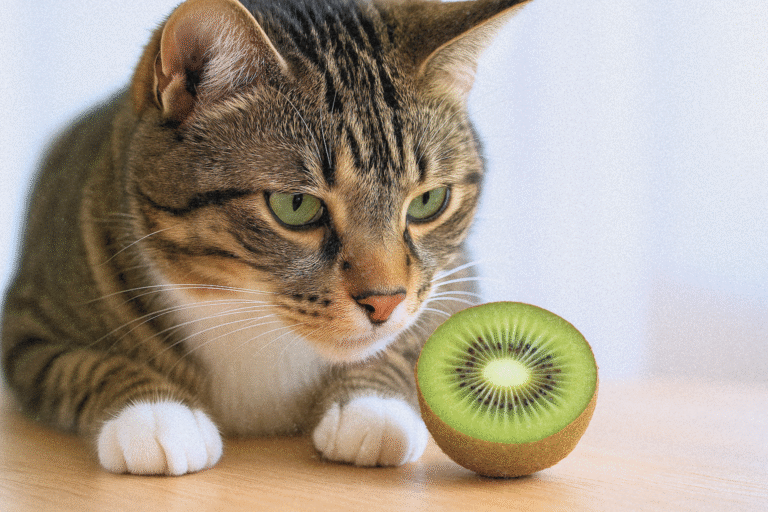 Tabby cat closely sniffing a halved kiwi on a wooden surface in soft neutral light.