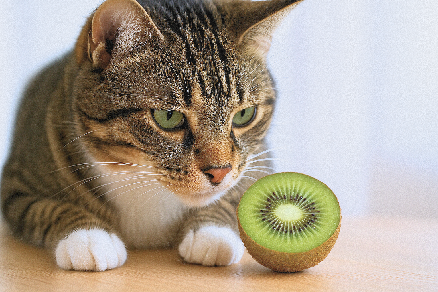 Tabby cat closely sniffing a halved kiwi on a wooden surface in soft neutral light.