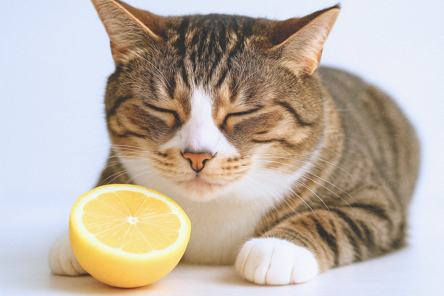 Close-up of Osmo, a tabby cat with white paws and a pink nose, squinting while sniffing a halved lemon on a light background.