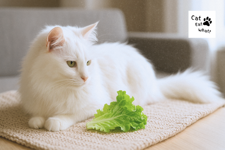 Can Cats Eat Lettuce? White long-haired cat lounging near a fresh lettuce leaf on a beige blanket in soft daylight.