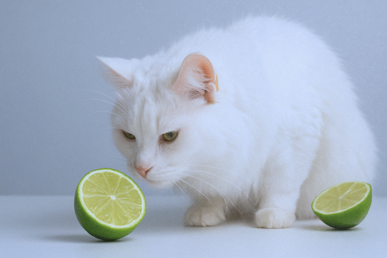 Safka, a long-haired white cat, cautiously sniffs a halved lime on a clean white surface, with another lime half nearby. The background is soft gray, and the lighting highlights the contrast between the cat’s fur and the lime.
