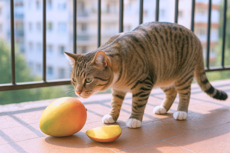 Tabby cat sniffing a ripe mango on a sunlit balcony with a cityscape in the background.