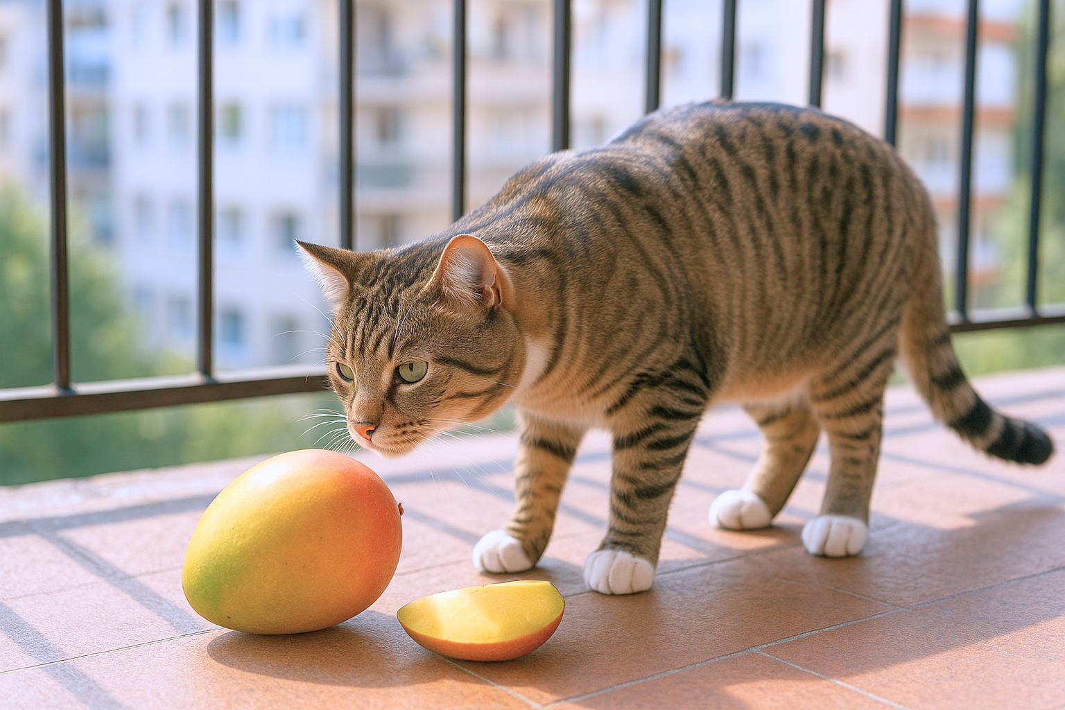 Tabby cat sniffing a ripe mango on a sunlit balcony with a cityscape in the background.