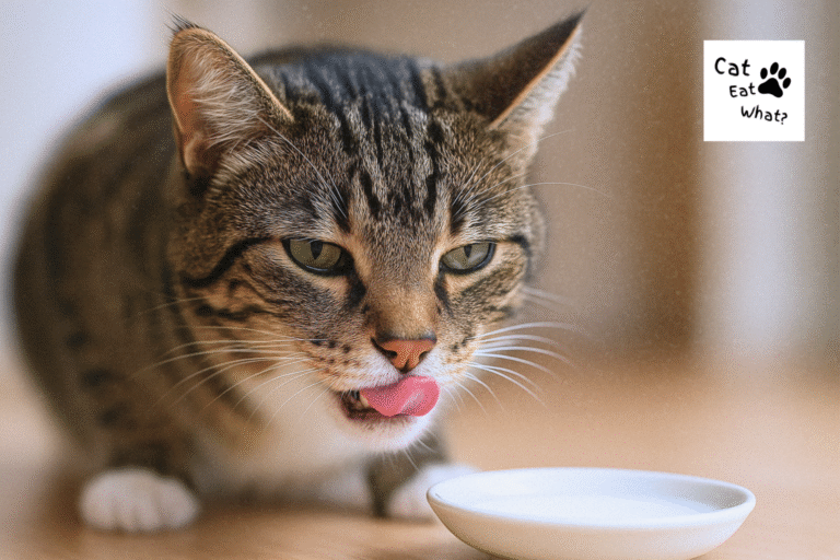 Can cats drink milk? Tabby cat Osmo mid-lick after tasting milk from a white saucer on a wooden floor.