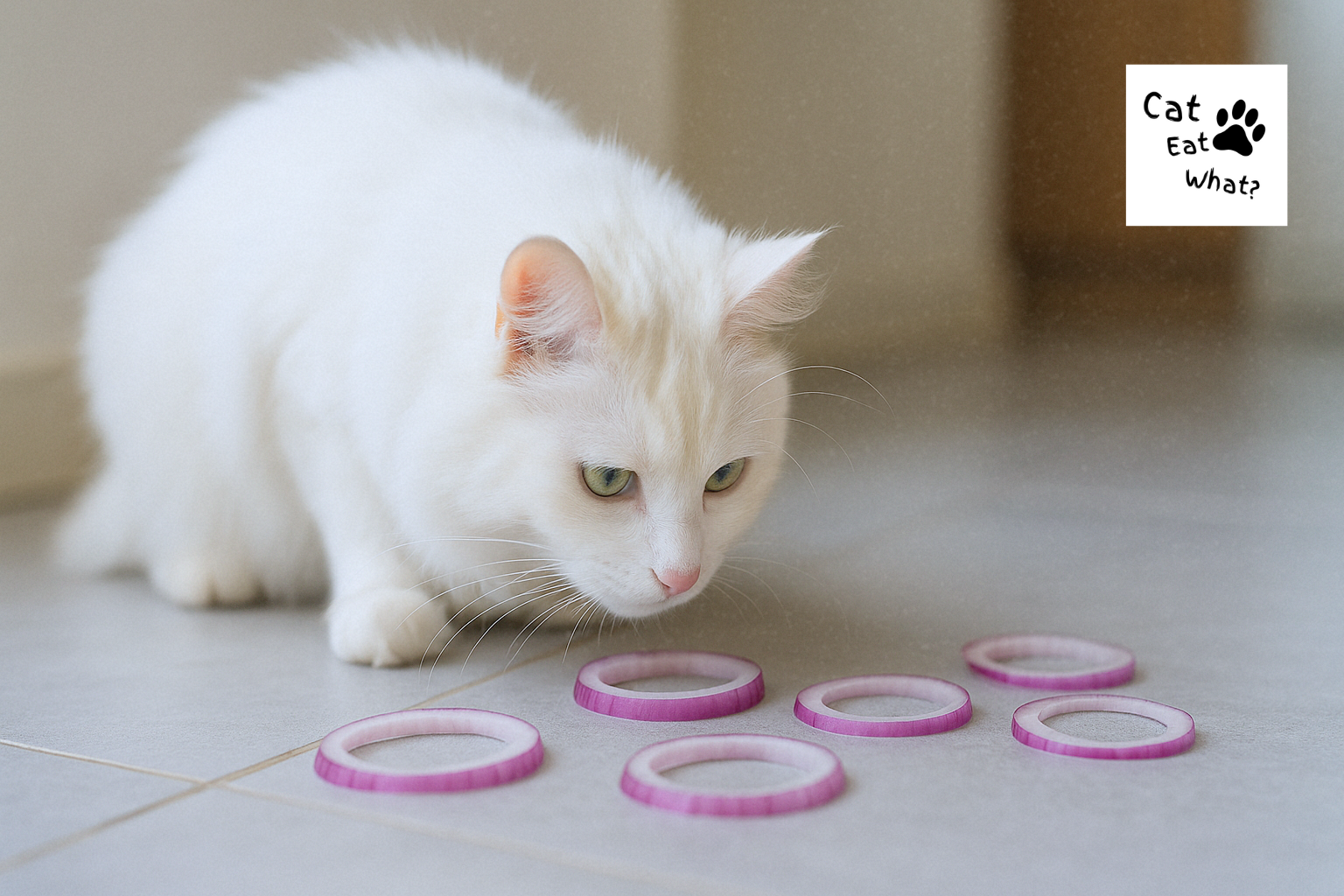 Can Cats Eat Onions? Safka the white cat sniffing red onion rings on a tiled kitchen floor in natural light, 16:9 format.
