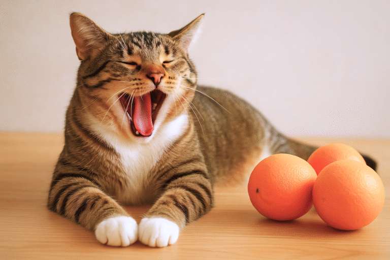 A domestic tabby cat resembling Osmo yawns on a wooden surface beside three oranges, under soft, natural lighting.