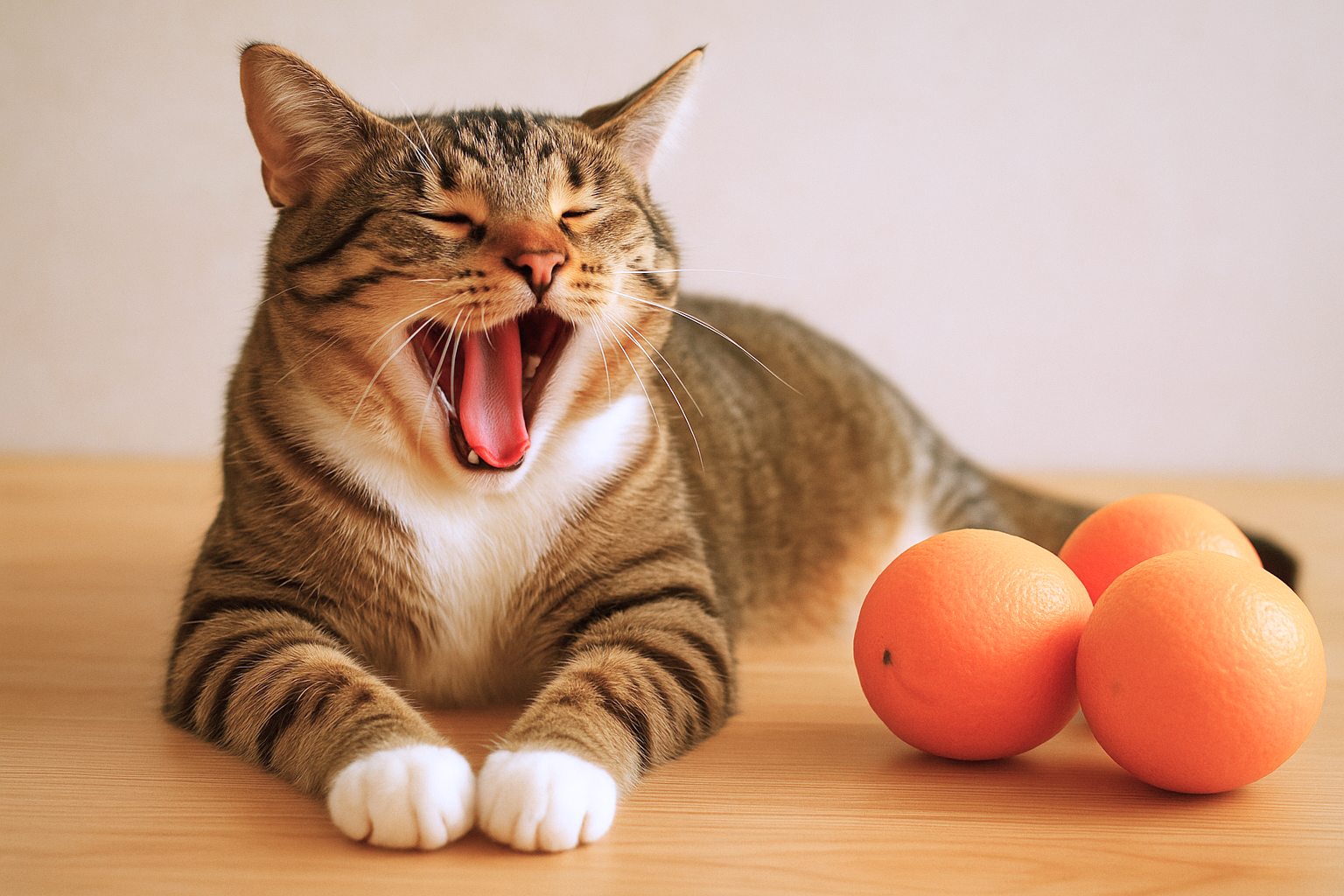 A domestic tabby cat resembling Osmo yawns on a wooden surface beside three oranges, under soft, natural lighting.