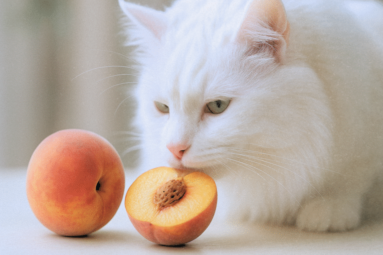 Long-haired white cat sniffing a halved peach with the pit exposed, next to a whole peach on a smooth surface.