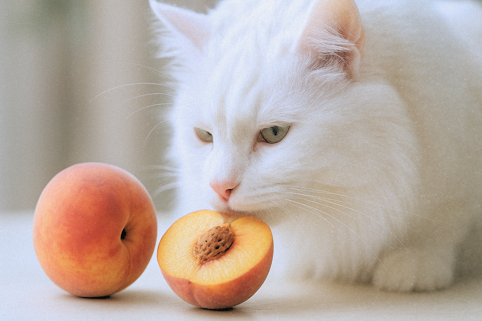 Long-haired white cat sniffing a halved peach with the pit exposed, next to a whole peach on a smooth surface.