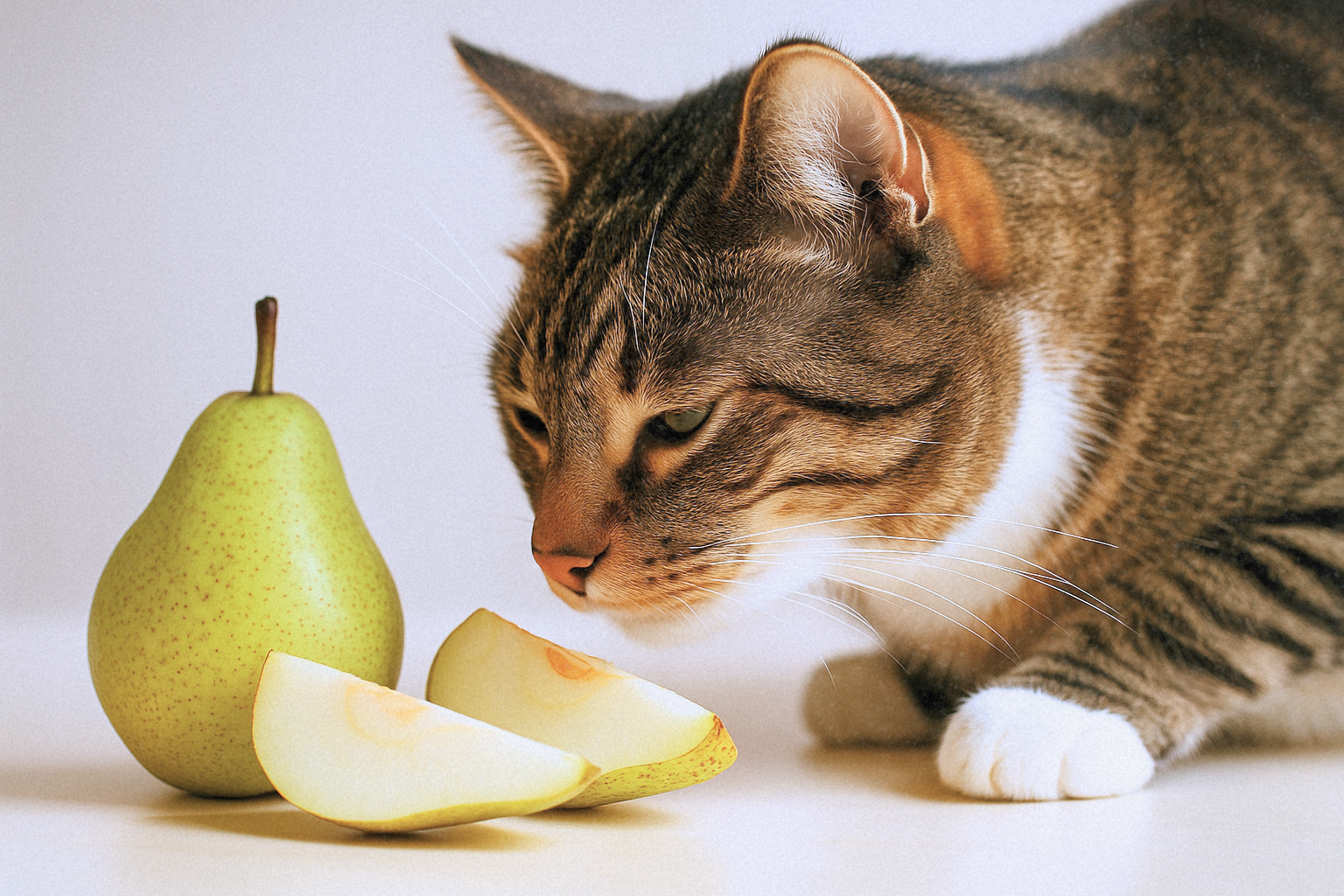 Close-up of a tabby cat sniffing pear slices next to a whole pear on a light background.
