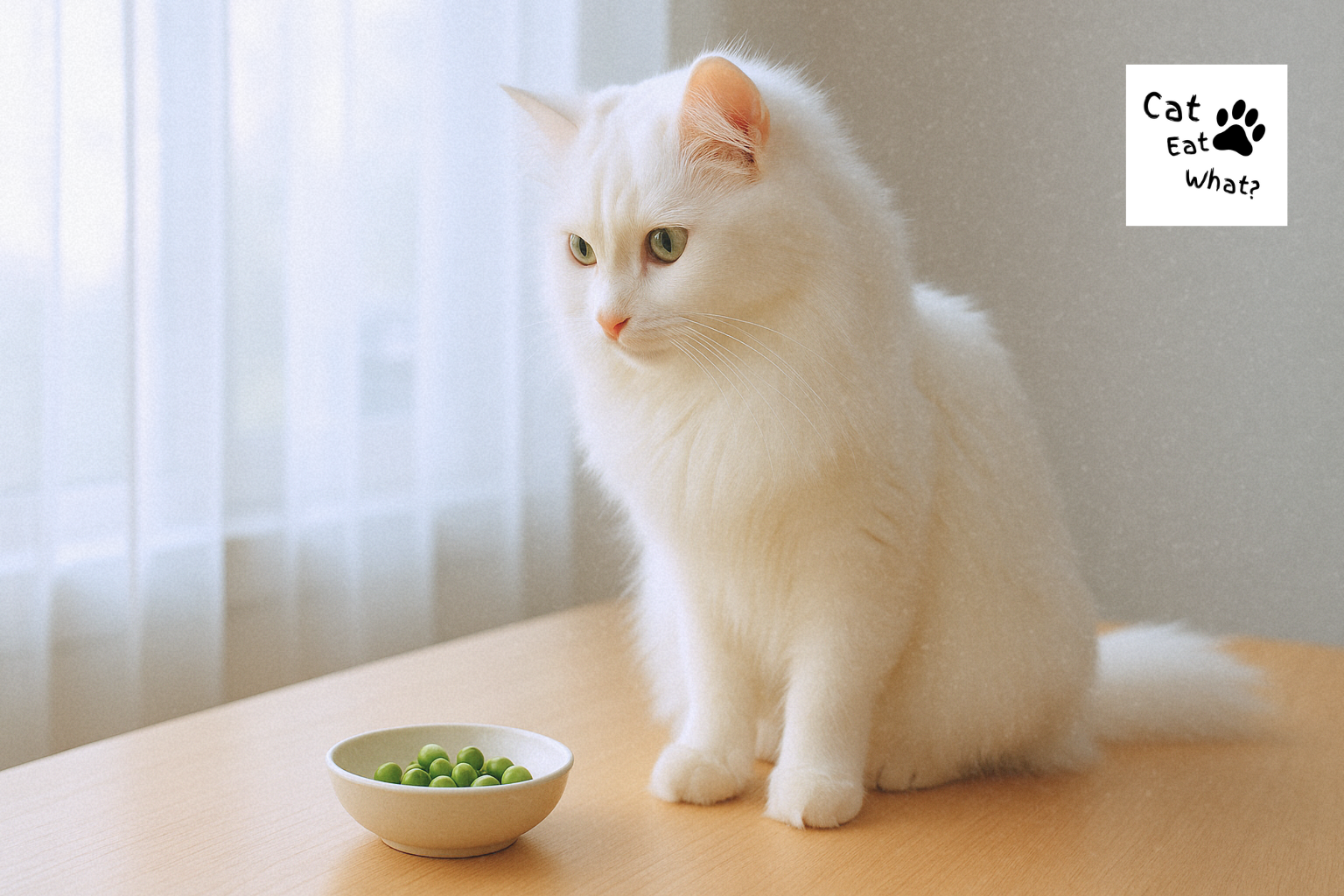 Can Cats Eat Peas? Long-haired white cat sitting by a bowl of peas on a sunlit table indoors.