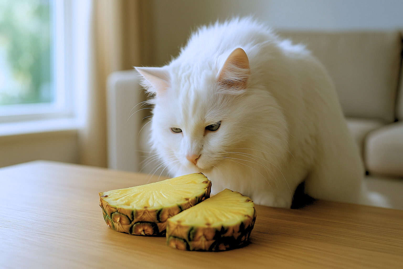 Fluffy white cat sniffing pineapple slices on a wooden table in a softly lit living room.