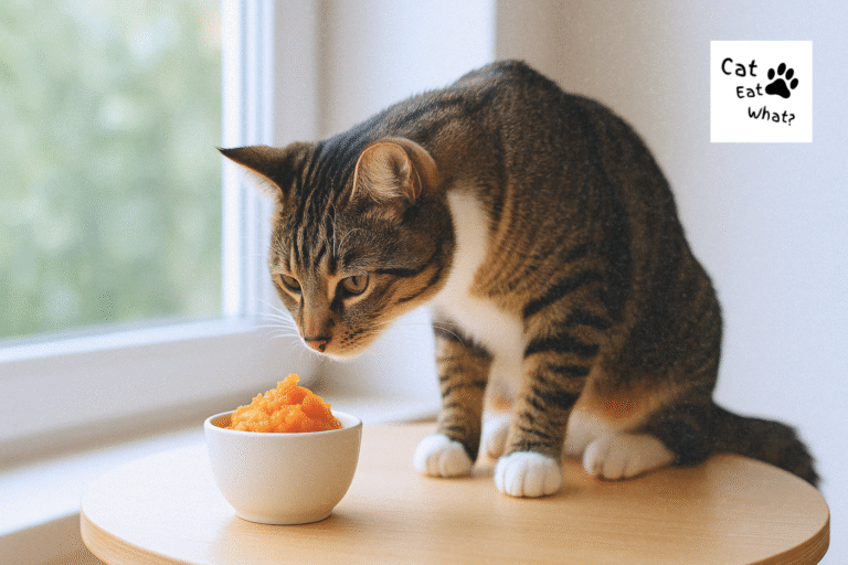 can cats eat pumpkin? Tabby cat sniffing pumpkin puree in a bowl near a sunlit window on a wooden table.