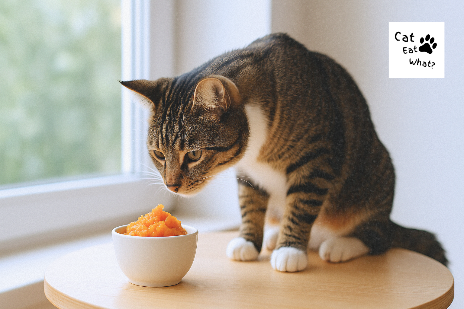 can cats eat pumpkin? Tabby cat sniffing pumpkin puree in a bowl near a sunlit window on a wooden table.