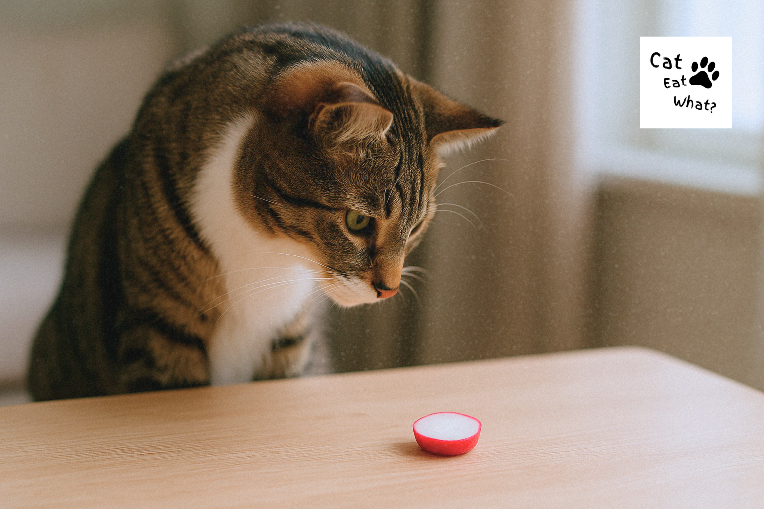 Can Cates Eat Radish? Tabby cat Osmo inspecting a radish slice on a table in soft indoor light, over-the-shoulder view.