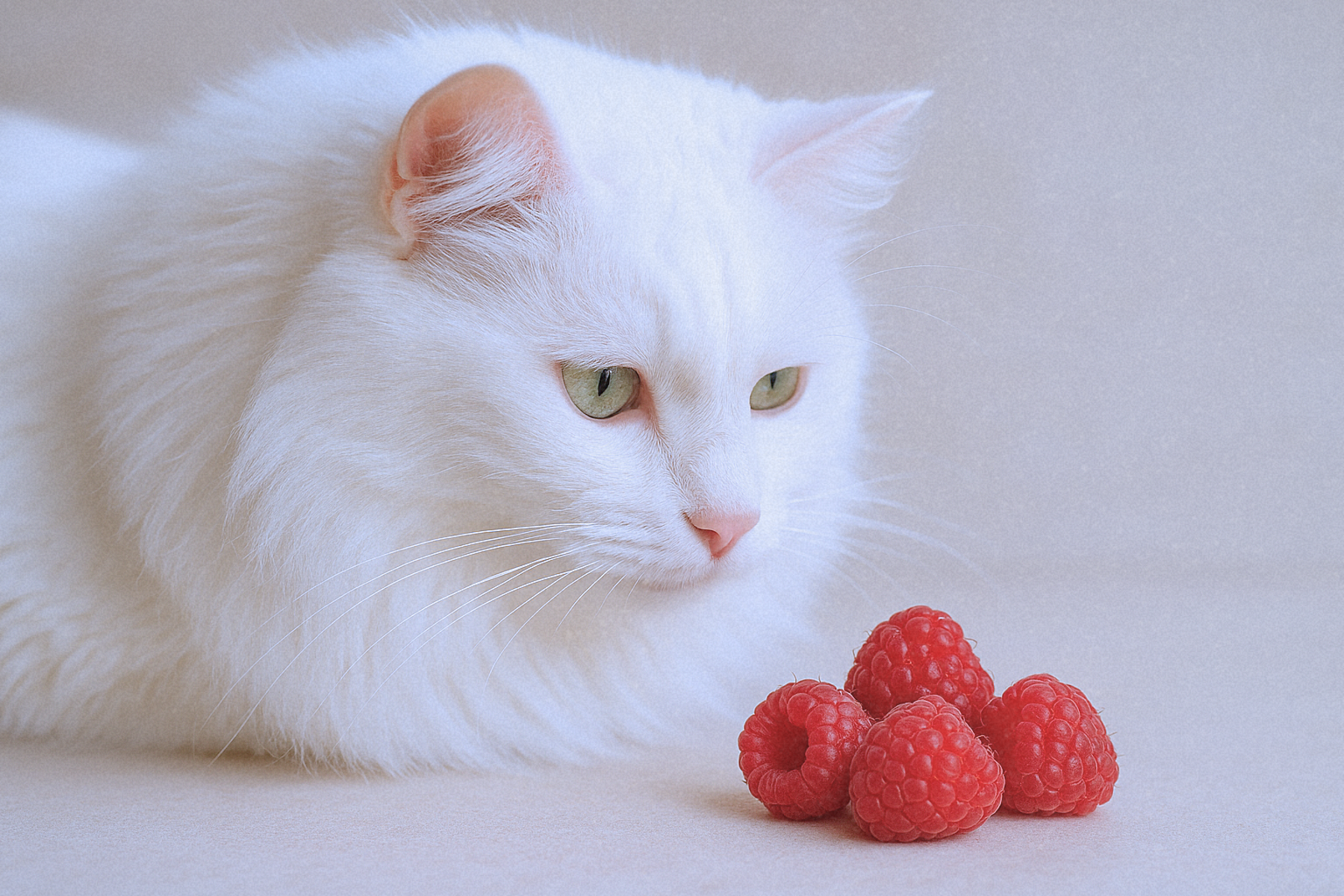 Close-up of a long-haired white cat with green eyes observing fresh raspberries on a light surface.