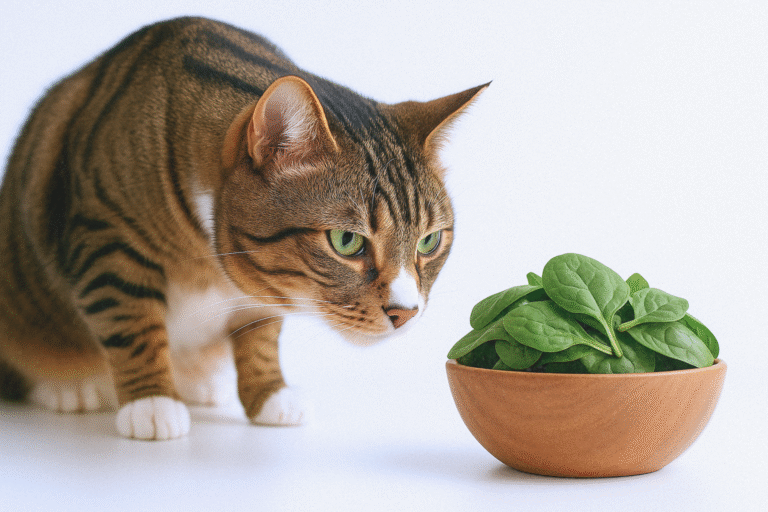 A close-up of Osmo the tabby cat leaning in to sniff a wooden bowl filled with fresh spinach leaves, set against a clean white background and tabletop in a studio-style setting.