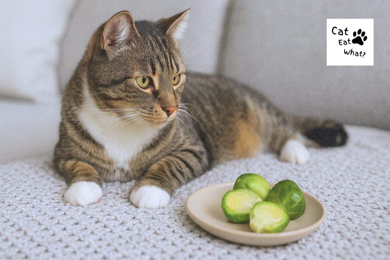 Can Cats Eat Brussels Sprouts? Tabby cat Osmo lying on a gray blanket beside a plate of cooked Brussels sprouts in natural light.