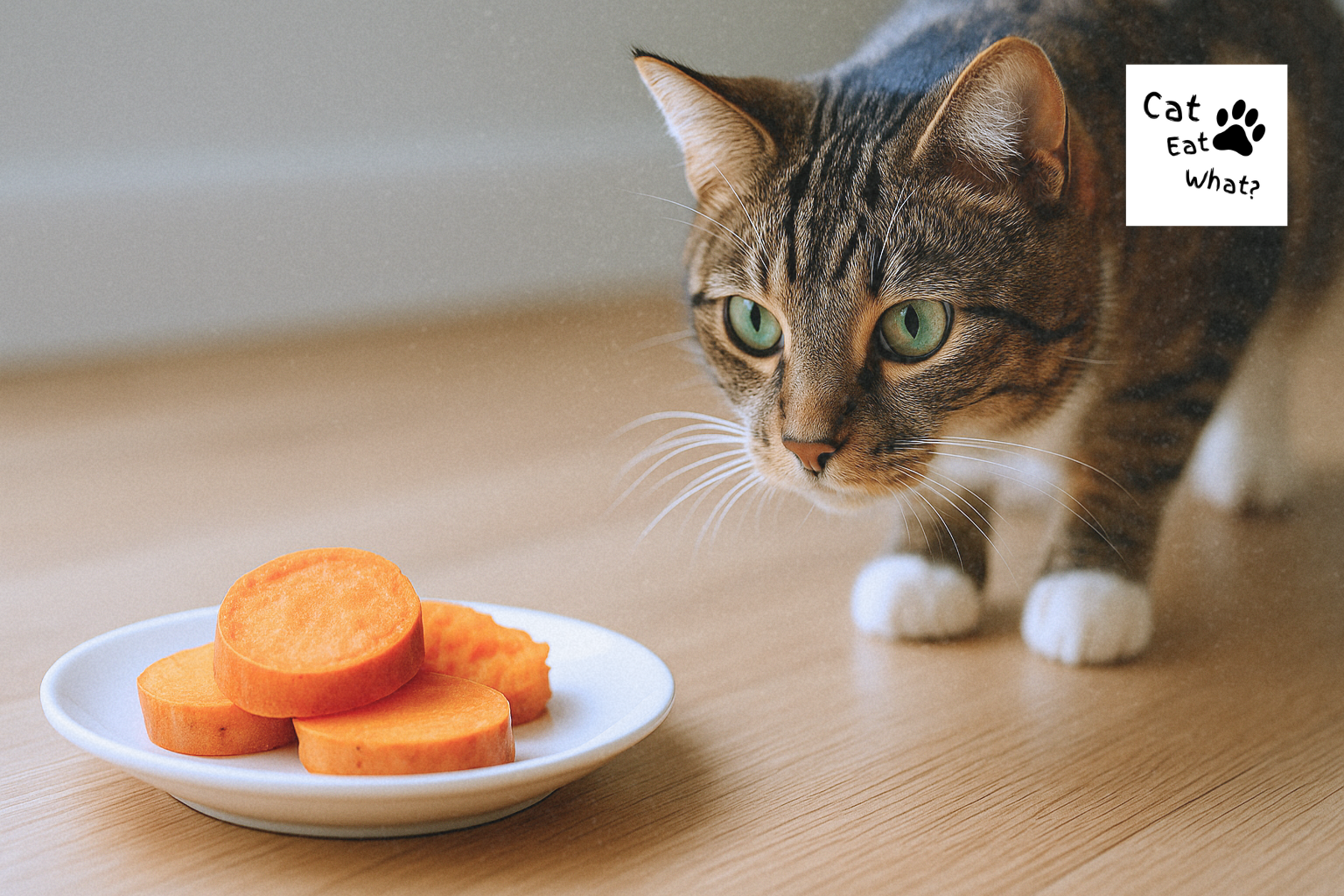 Can Cates Eat Sweet Potatoes? A close-up of Osmo, a tabby cat, cautiously approaching a white plate with sweet potato slices on a wooden floor.