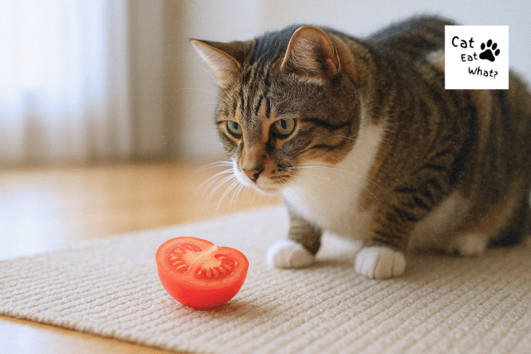 Can Cats Eat Tomatoes? A tabby cat with white paws and a white nose bridge intently staring at a halved ripe tomato on a beige rug, photographed in natural light.