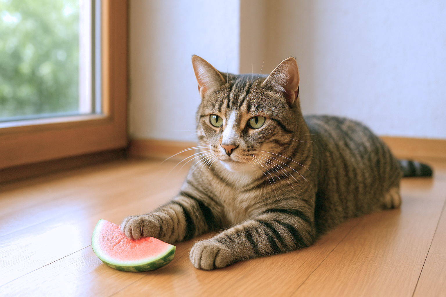 Tabby cat with white markings resting on a wooden floor beside a slice of watermelon in soft natural daylight.