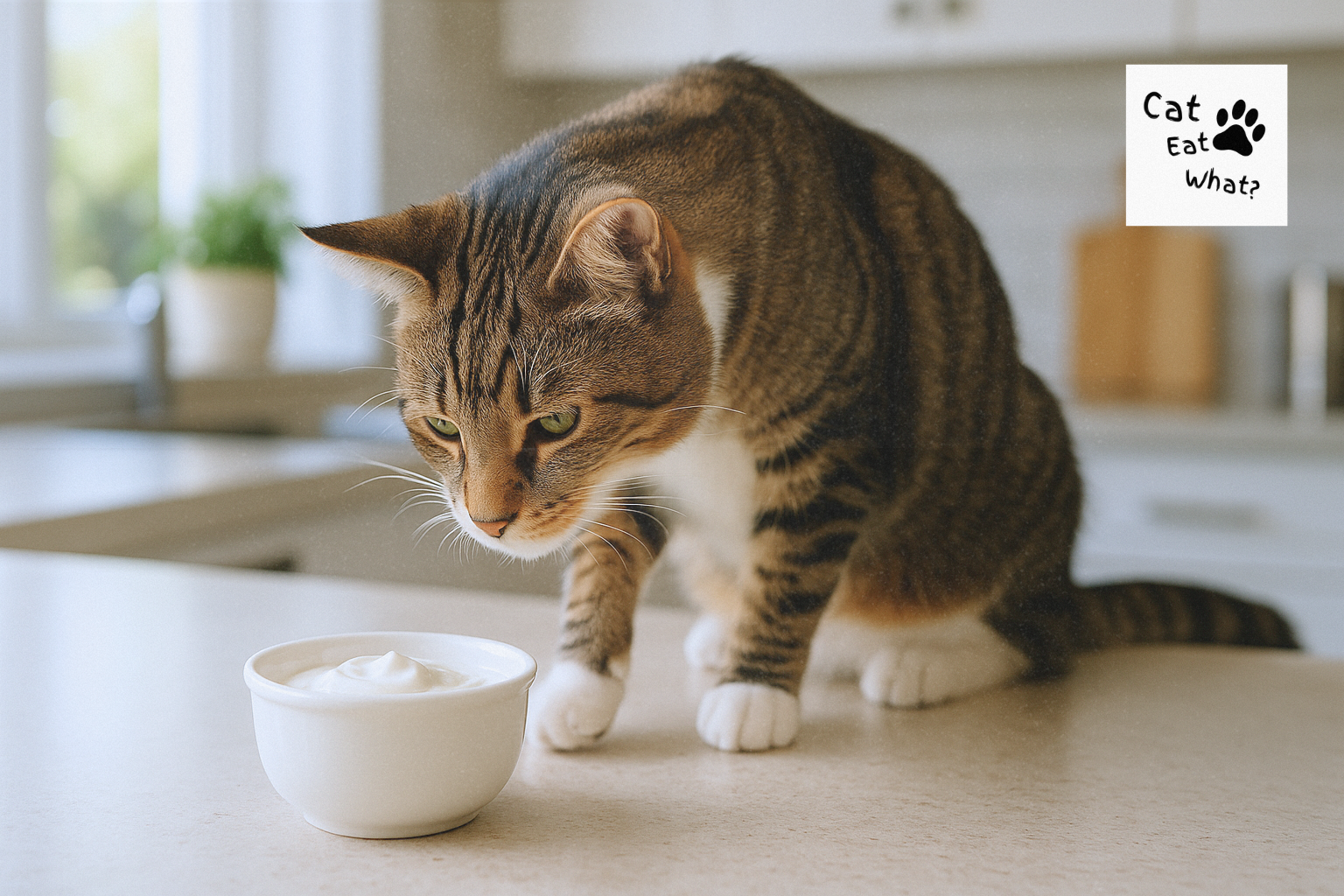 Can Cats Eat Yogurt? Tabby cat Osmo sniffing a bowl of plain yogurt on a sunlit kitchen counter.