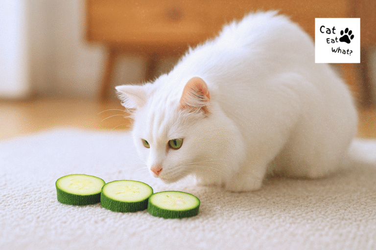 can cats eat zucchini? Safka the white long-haired cat sniffing zucchini slices on a beige rug in a softly lit home interior.