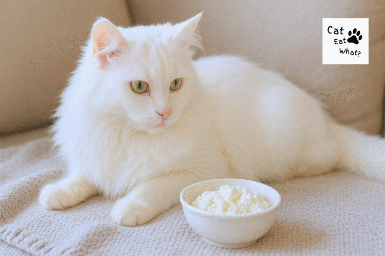 Can Cats Eat Cottage Cheese? Long-haired white cat Safka lying on a soft beige blanket, gazing at a small white bowl of cottage cheese in a cozy home setting.