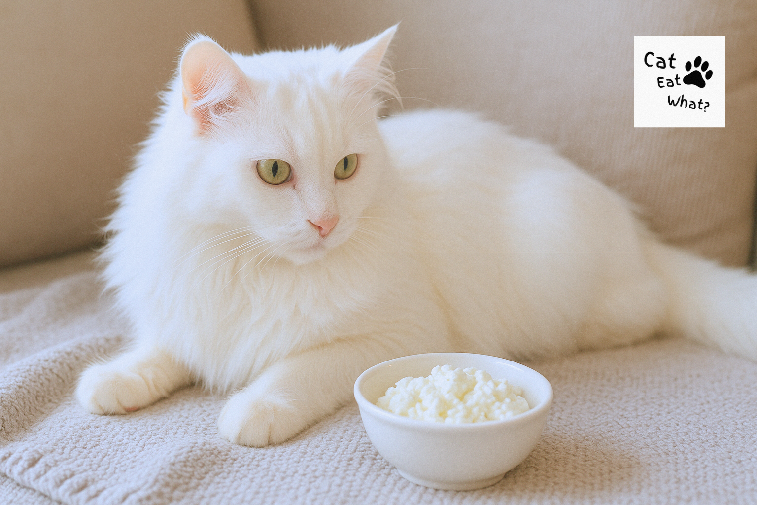 Can Cats Eat Cottage Cheese? Long-haired white cat Safka lying on a soft beige blanket, gazing at a small white bowl of cottage cheese in a cozy home setting.
