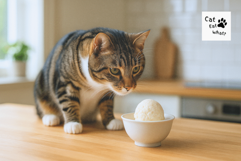 Can Cates Eat Ice Cream?Tabby cat Osmo standing on a kitchen counter, closely sniffing a small white bowl with a scoop of vanilla ice cream.